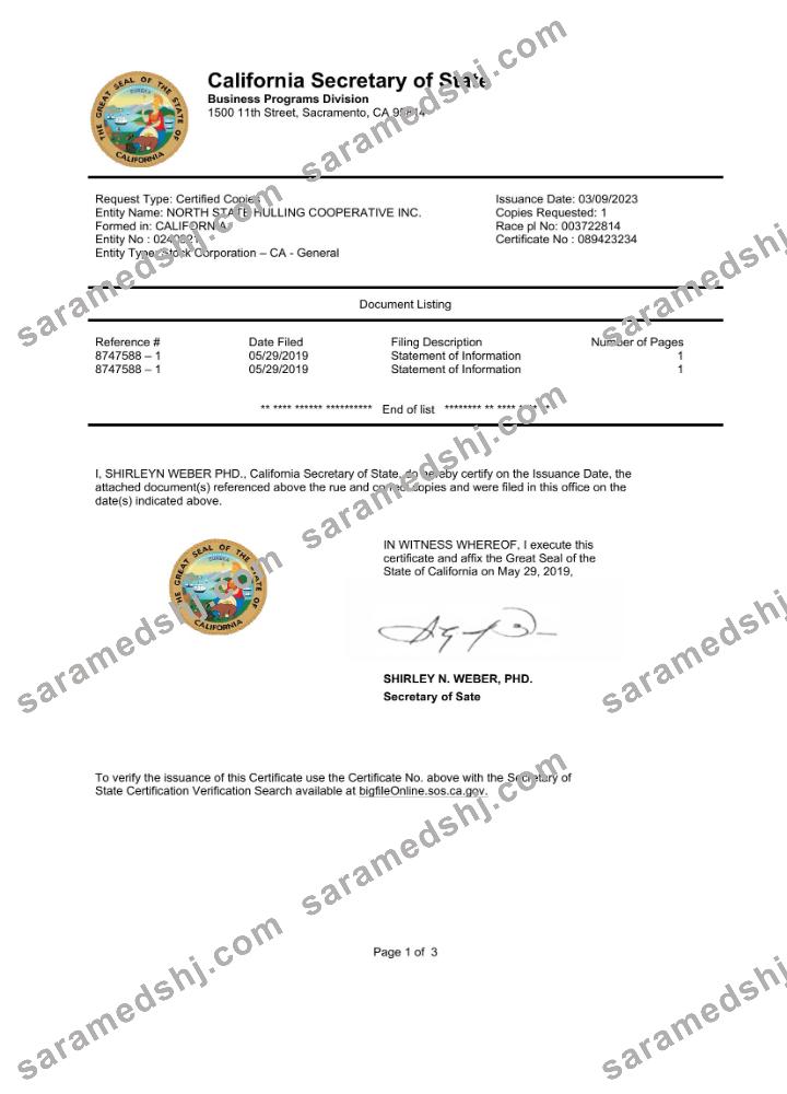 USA California State Document Autentication certificate Word and PDF template